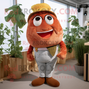 Brown Tomato mascot costume character dressed with Boyfriend Jeans and Suspenders