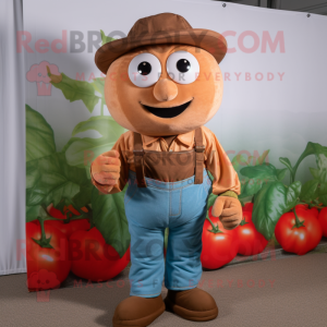 Brown Tomato mascot costume character dressed with Boyfriend Jeans and Suspenders