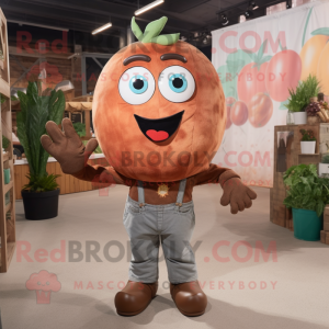Brown Tomato mascot costume character dressed with Boyfriend Jeans and Suspenders