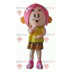 Mascotte de fille aux cheveux roses avec une tenue fleurie -