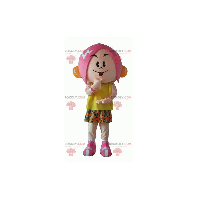 Garota mascote com cabelo rosa e uma roupa florida -