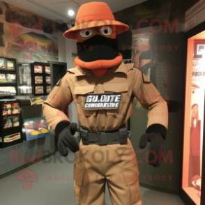 Rust GI Joe mascot costume character dressed with Pencil Skirt and Hat pins