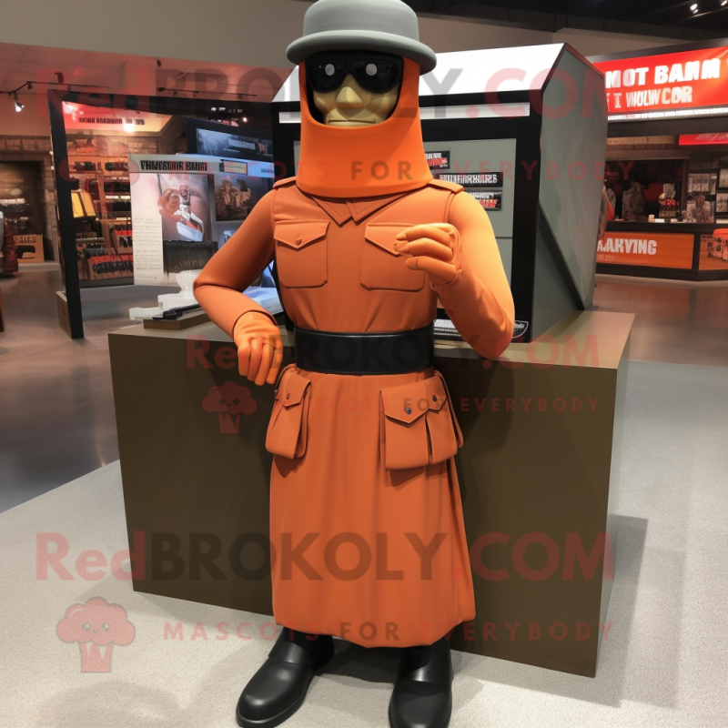 Rust GI Joe mascot costume character dressed with Pencil Skirt and Hat pins