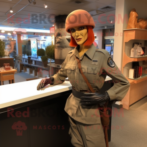 Rust GI Joe mascot costume character dressed with Pencil Skirt and Hat pins