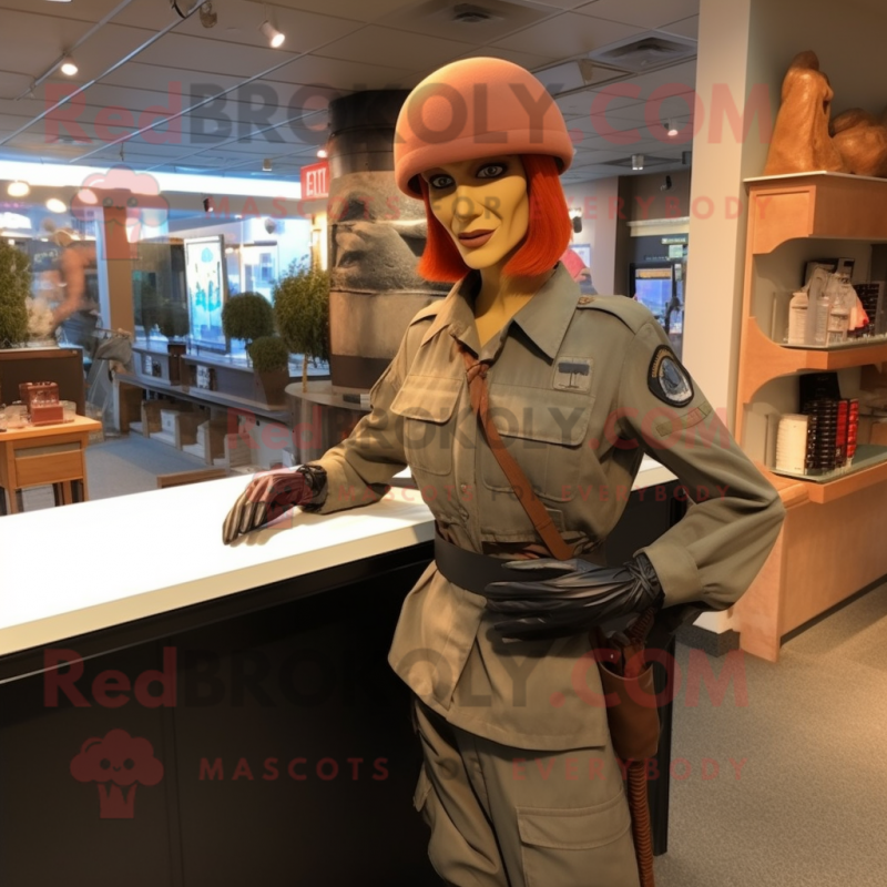 Rust GI Joe mascot costume character dressed with Pencil Skirt and Hat pins Rust GI Joe mascot costume character dressed with Pencil Skirt and Hat pins