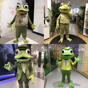 Olive Frog mascot costume character dressed with Dress Pants and Headbands