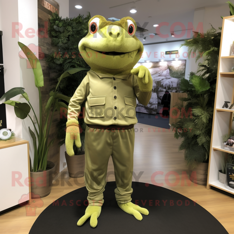 Olive Frog mascot costume character dressed with Dress Pants and Headbands