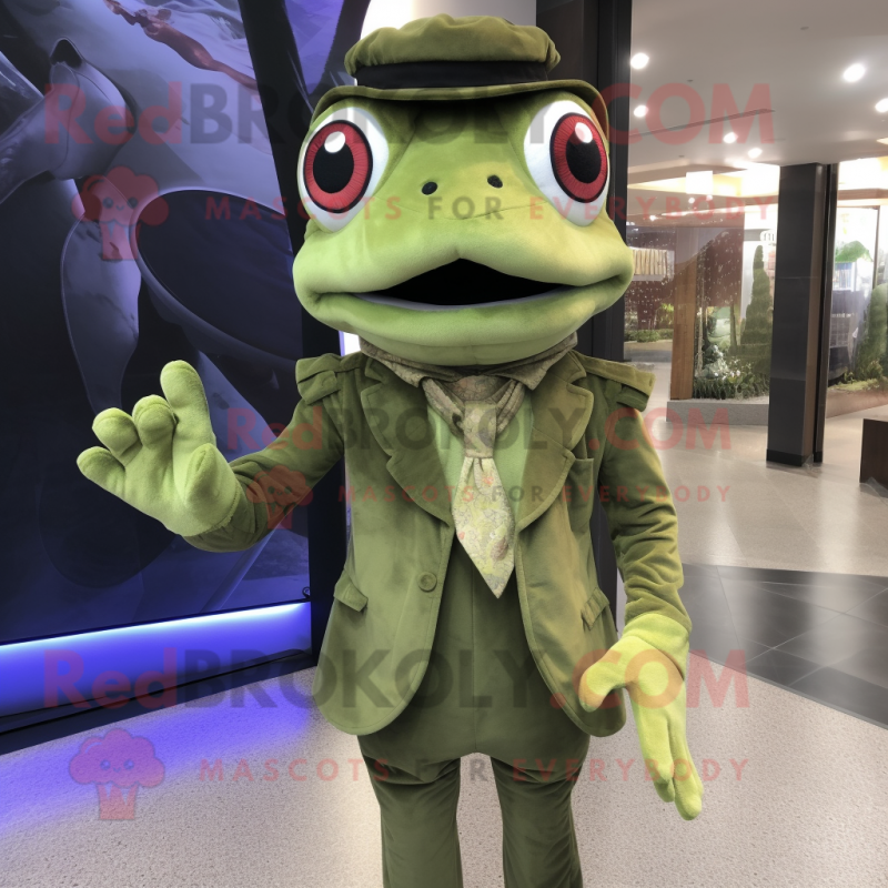 Olive Frog mascot costume character dressed with Dress Pants and Headbands