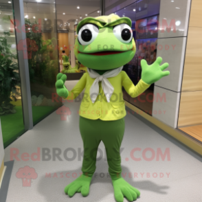 Olive Frog mascot costume character dressed with Dress Pants and Headbands