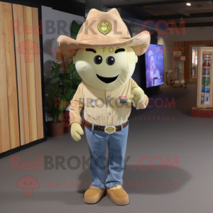 Beige pot of gold mascot costume character dressed with Denim Shirt and Tie pins