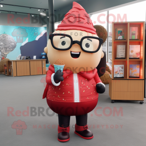 Red ice cream cone mascot costume character dressed with Leather Jacket and Reading glasses