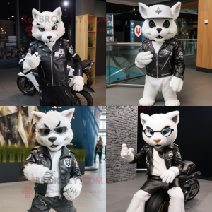 White Lynx mascot costume character dressed with Biker Jacket and Berets