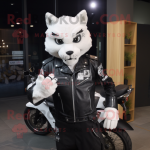 White Lynx mascot costume character dressed with Biker Jacket and Berets