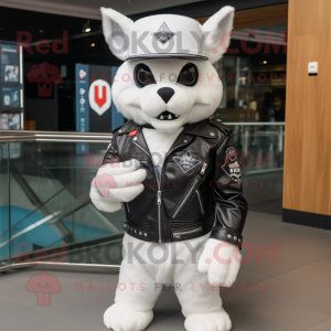 White Lynx mascot costume character dressed with Biker Jacket and Berets