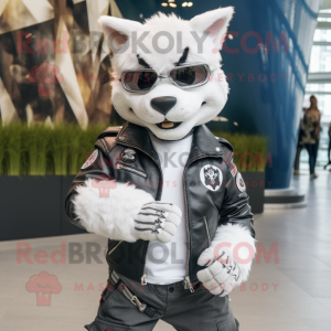 White Lynx mascot costume character dressed with Biker Jacket and Berets