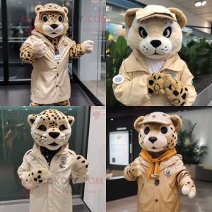 Beige Jaguar mascot costume character dressed with Raincoat and Bracelet watches