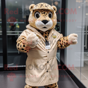 Beige Jaguar mascot costume character dressed with Raincoat and Bracelet watches