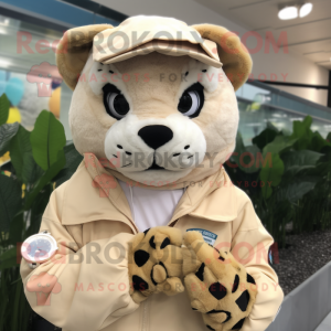 Beige Jaguar mascot costume character dressed with Raincoat and Bracelet watches