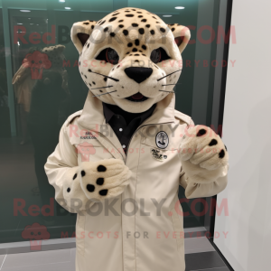 Beige Jaguar mascot costume character dressed with Raincoat and Bracelet watches