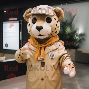 Beige Jaguar mascot costume character dressed with Raincoat and Bracelet watches