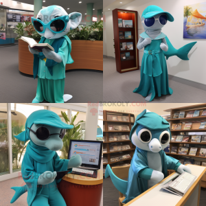 Teal Dolphin mascot costume character dressed with Wrap Dress and Reading glasses