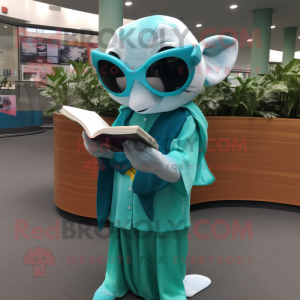 Teal Dolphin mascot costume character dressed with Wrap Dress and Reading glasses