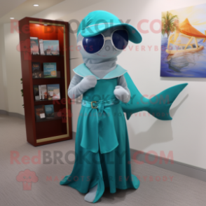 Teal Dolphin mascot costume character dressed with Wrap Dress and Reading glasses