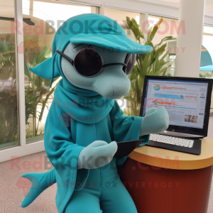 Teal Dolphin mascot costume character dressed with Wrap Dress and Reading glasses