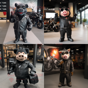 Black Pig mascot costume character dressed with Biker Jacket and Tote bags