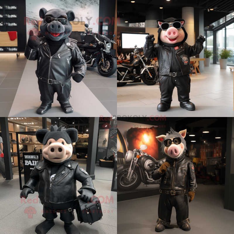 Black Pig mascot costume character dressed with Biker Jacket and Tote bags Black Pig mascot costume character dressed with Biker Jacket and Tote bags
