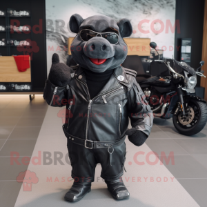 Black Pig mascot costume character dressed with Biker Jacket and Tote bags