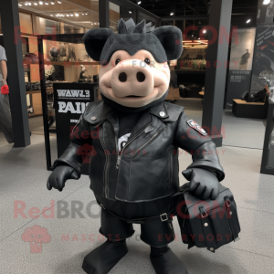 Black Pig mascot costume character dressed with Biker Jacket and Tote bags