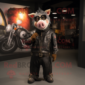 Black Pig mascot costume character dressed with Biker Jacket and Tote bags