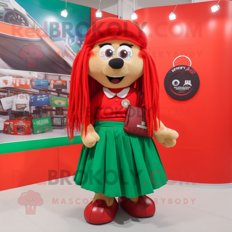 Red Irish flag mascot costume character dressed with Maxi Skirt and Tote bags Red Irish flag mascot costume character dressed with Maxi Skirt and Tote bags