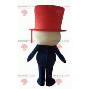 Mascotte de bonhomme avec un chapeau haut de forme rouge -