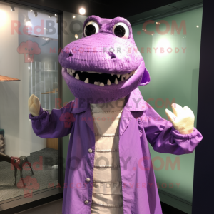 Lavender Crocodile mascot costume character dressed with Raincoat and Scarves