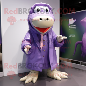 Lavender Crocodile mascot costume character dressed with Raincoat and Scarves