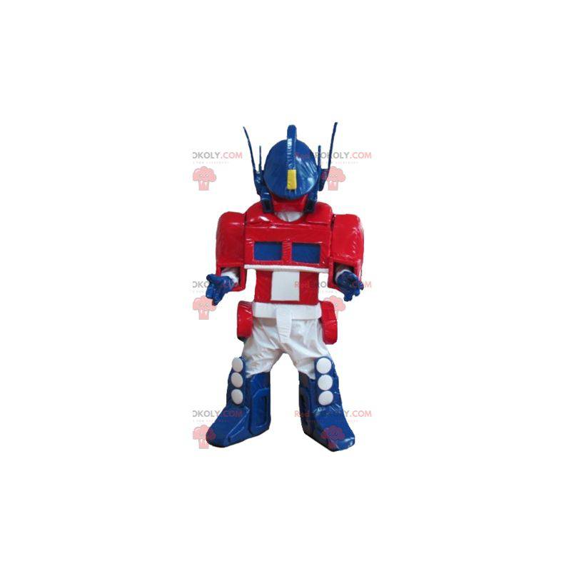 Mascote do robô Transformers azul, branco e vermelho -