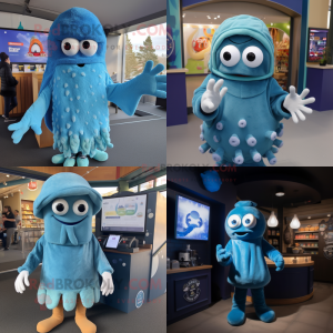 Blue Fried Calamari mascot costume character dressed with Sweater and Beanies