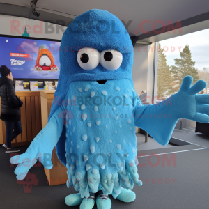 Blue Fried Calamari mascot costume character dressed with Sweater and Beanies