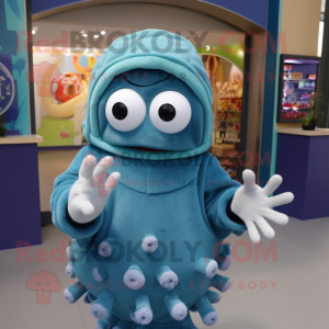 Blue Fried Calamari mascot costume character dressed with Sweater and Beanies