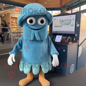 Blue Fried Calamari mascot costume character dressed with Sweater and Beanies