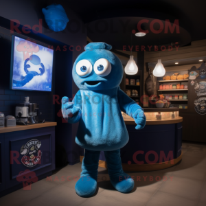 Blue Fried Calamari mascot costume character dressed with Sweater and Beanies