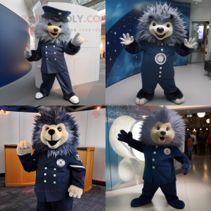 Navy Porcupine mascot costume character dressed with Bodysuit and Cufflinks