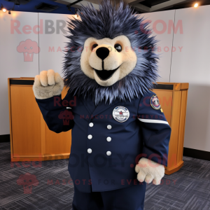 Navy Porcupine mascot costume character dressed with Bodysuit and Cufflinks