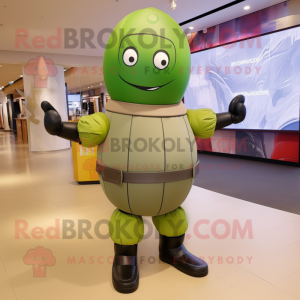 Olive human cannon ball mascot costume character dressed with Leggings and Belts