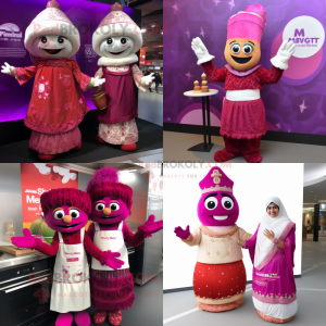 Magenta Biryani mascot costume character dressed with Wedding Dress and Mittens