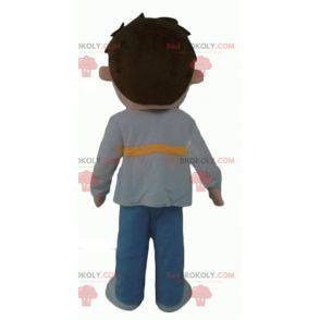Little boy mascot dressed in gray blue and yellow -