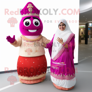 Magenta Biryani mascot costume character dressed with Wedding Dress and Mittens