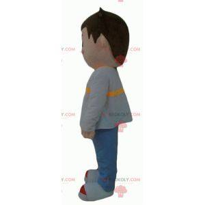 Mascotte ragazzino vestito di grigio blu e giallo -